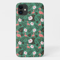 Flamingo seamless pattern pink on green background