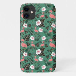 Flamingo seamless pattern pink on green background iPhone 11 case
