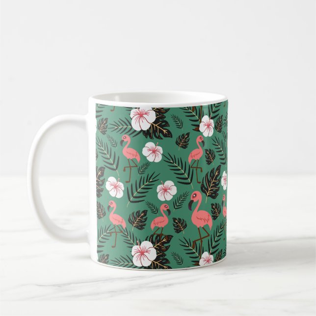 Flamingo seamless pattern pink on green background coffee mug (Left)