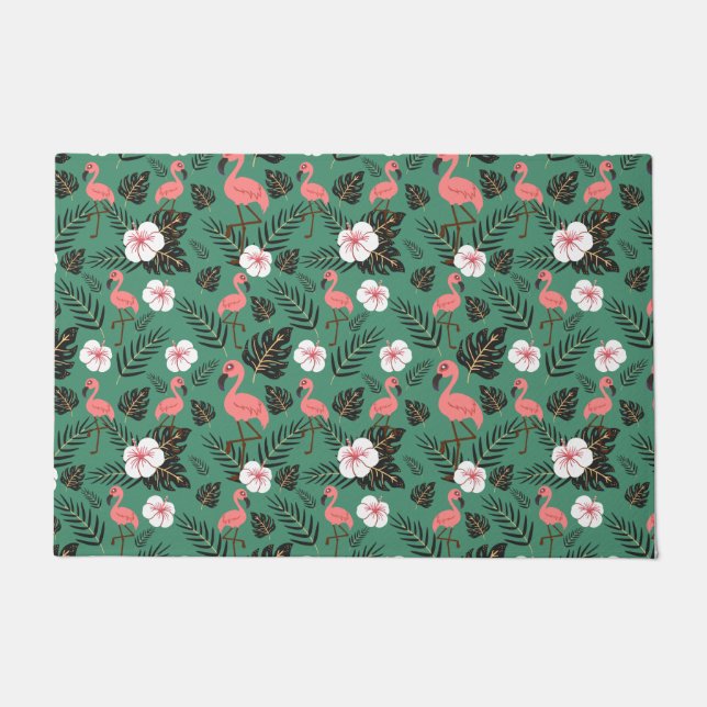 Flamingo seamless pattern pink on green background doormat (Front)
