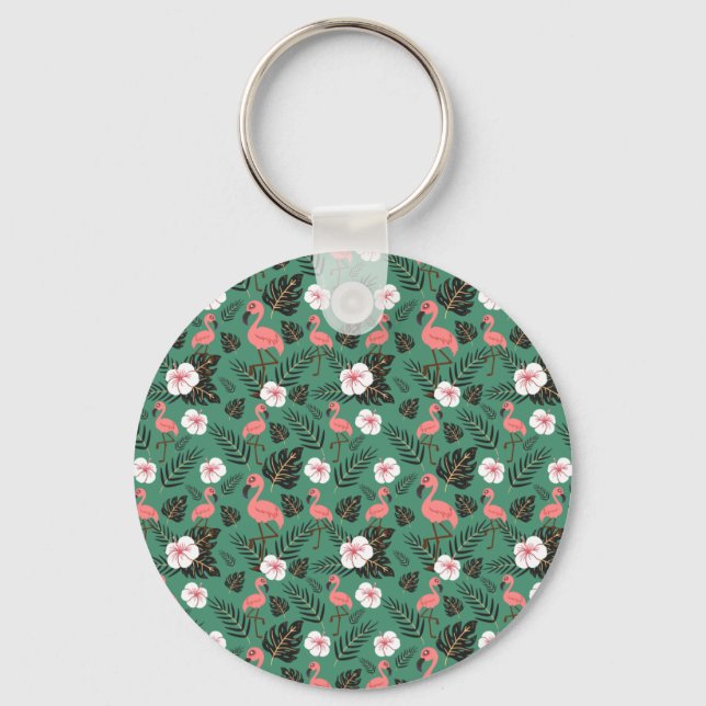 Flamingo seamless pattern pink on green background key ring (Front)