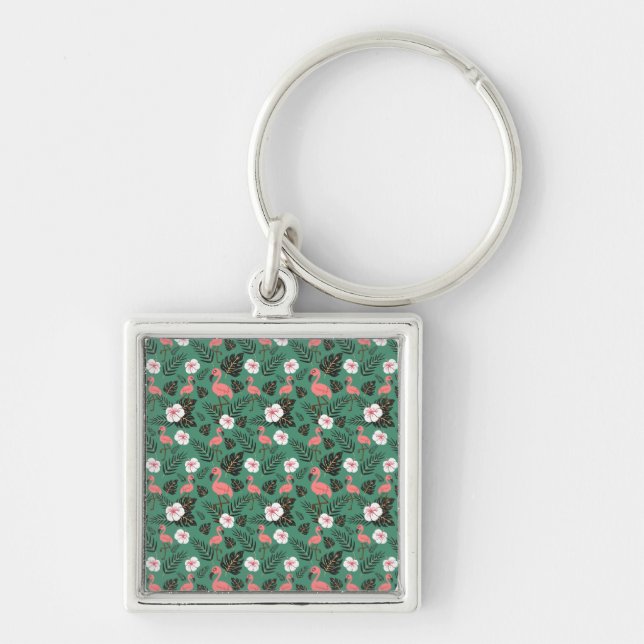 Flamingo seamless pattern pink on green background key ring (Front)