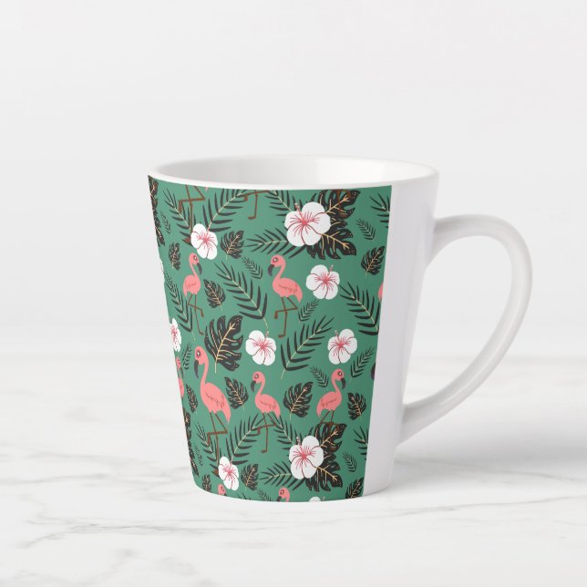 Flamingo seamless pattern pink on green background latte mug (Right)