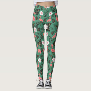 Flamingo seamless pattern pink on green background leggings