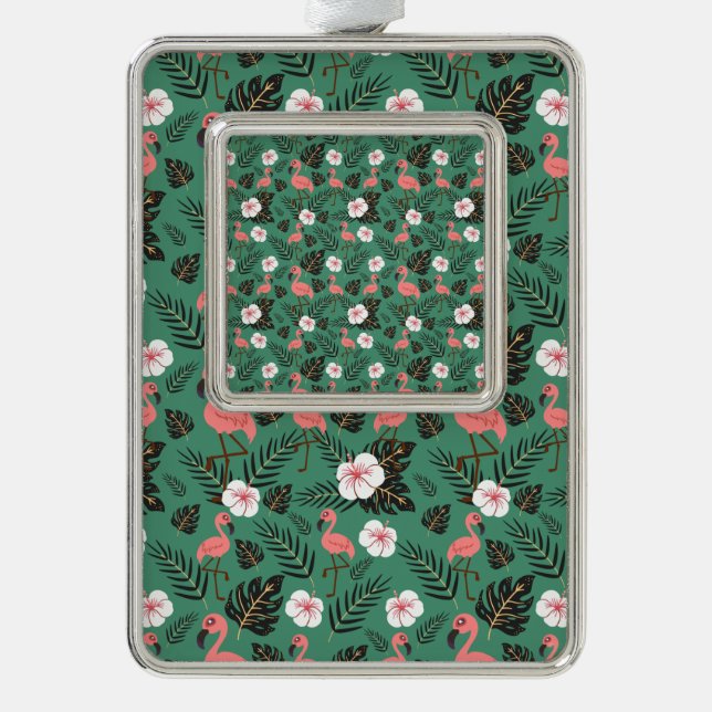 Flamingo seamless pattern pink on green background silver plated framed ornament (Front)