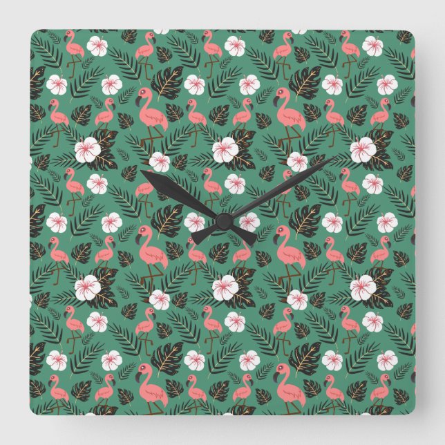 Flamingo seamless pattern pink on green background square wall clock (Front)