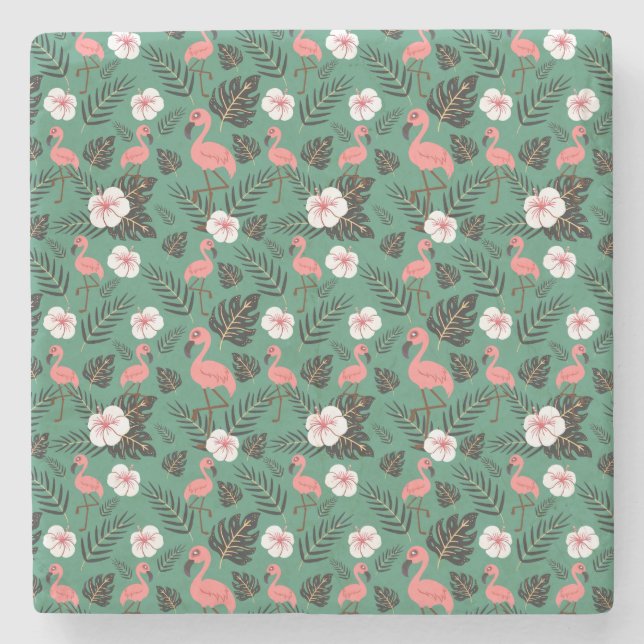 Flamingo seamless pattern pink on green background stone coaster (Front)