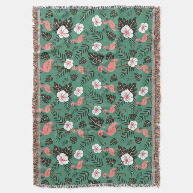 Flamingo seamless pattern pink on green background throw blanket (Front Vertical)