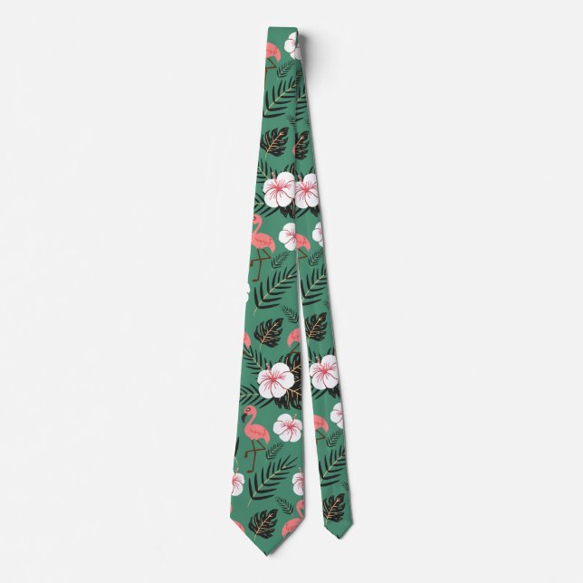 Flamingo seamless pattern pink on green background tie (Front)
