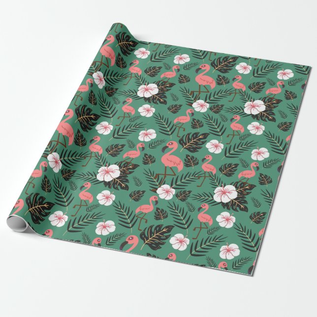 Flamingo seamless pattern pink on green background wrapping paper (Unrolled)