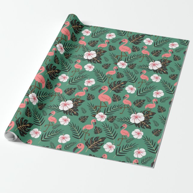 Flamingo seamless pattern pink on green background wrapping paper (Unrolled)