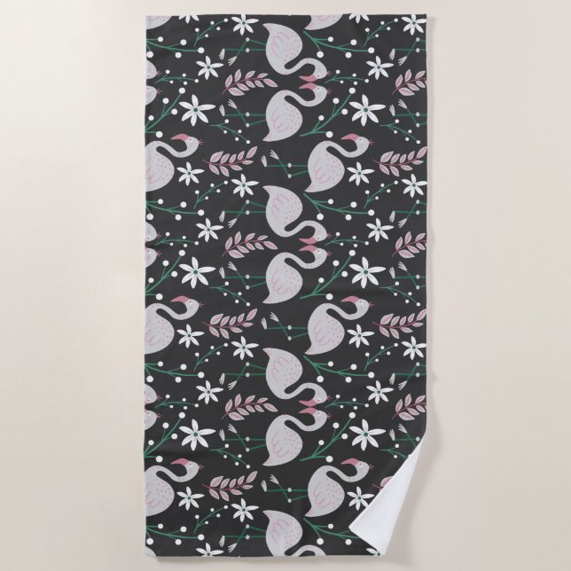 Flamingo seamless pattern white on dark background beach towel (Front)