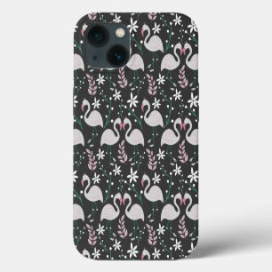 Flamingo seamless pattern white on dark background iPhone 13 case
