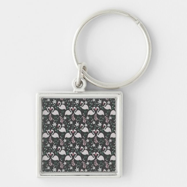 Flamingo seamless pattern white on dark background key ring (Front)
