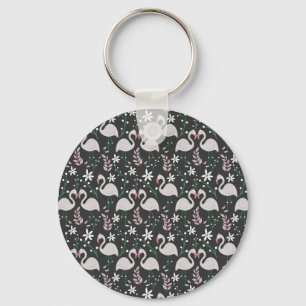 Flamingo seamless pattern white on dark background key ring
