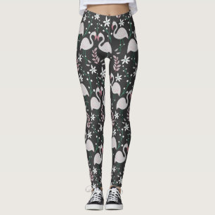 Flamingo seamless pattern white on dark background leggings