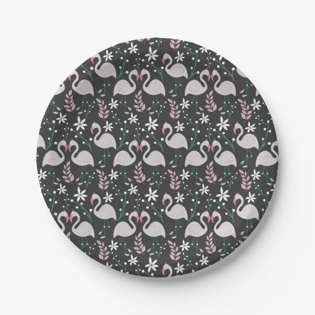 Flamingo seamless pattern white on dark background paper plate (Front)