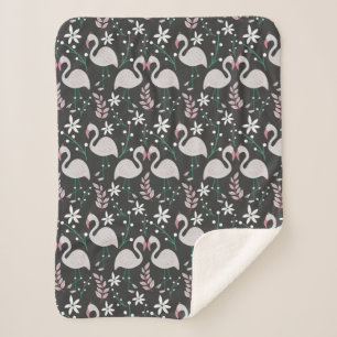 Flamingo seamless pattern white on dark background sherpa blanket