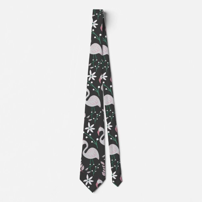 Flamingo seamless pattern white on dark background tie (Front)
