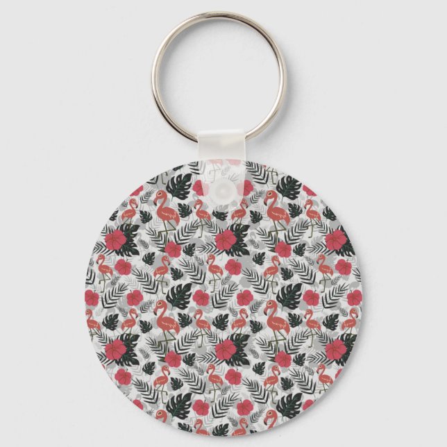 Flamingo seamless pattern with floral background key ring (Front)