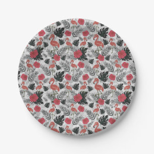 Flamingo seamless pattern with floral background paper plate