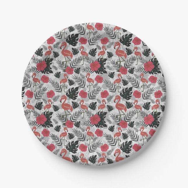 Flamingo seamless pattern with floral background paper plate (Front)