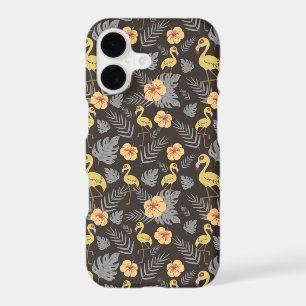 Flamingo seamless pattern with flowers and leaves