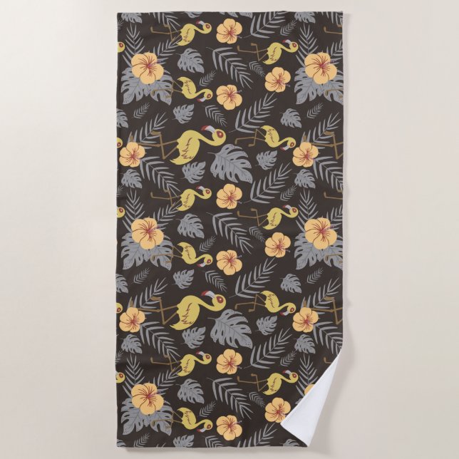 Flamingo seamless pattern with flowers and leaves beach towel (Front)
