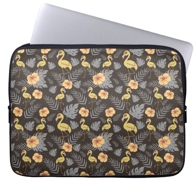 Flamingo seamless pattern with flowers and leaves laptop sleeve (Front)
