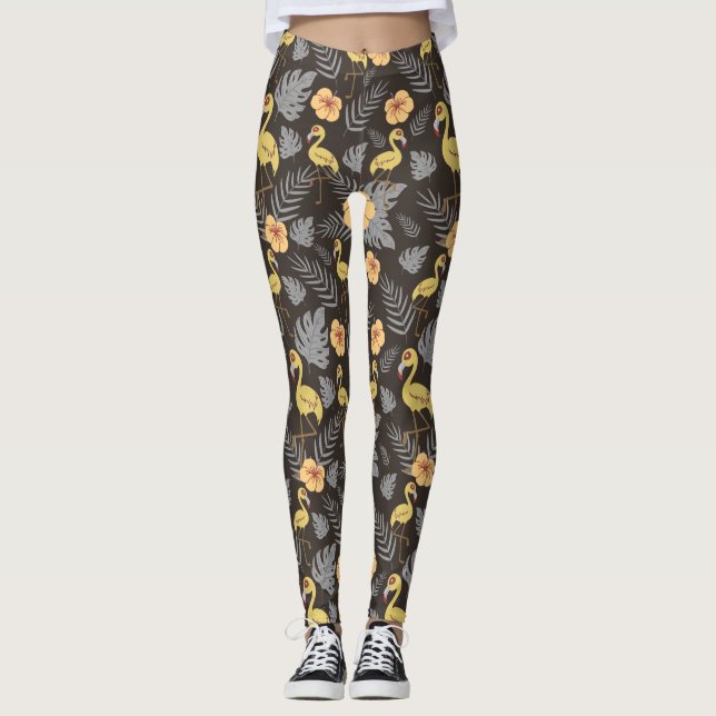 Flamingo seamless pattern with flowers and leaves leggings (Front)