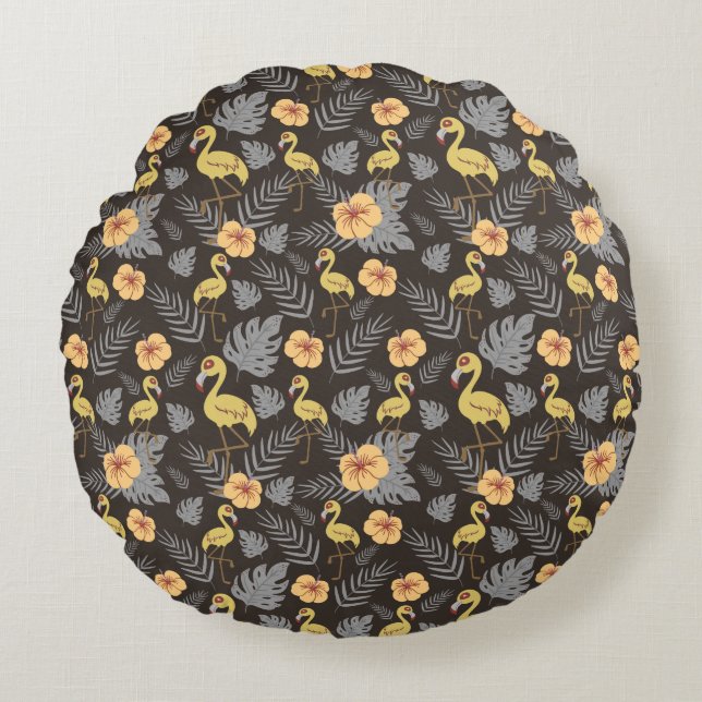 Flamingo seamless pattern with flowers and leaves round cushion (Front)