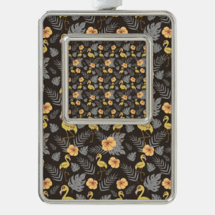 Flamingo seamless pattern with flowers and leaves silver plated framed ornament