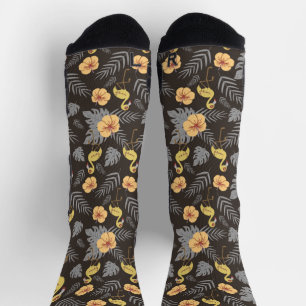 Flamingo seamless pattern with flowers and leaves  socks