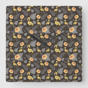Flamingo seamless pattern with flowers and leaves square wall clock