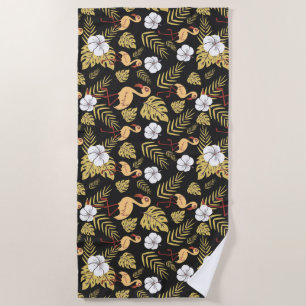 Flamingo seamless pattern yellow and white flowers beach towel