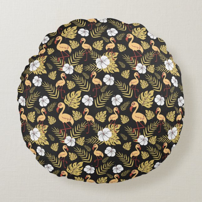 Flamingo seamless pattern yellow and white flowers round cushion (Front)