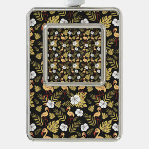 Flamingo seamless pattern yellow and white flowers silver plated framed ornament