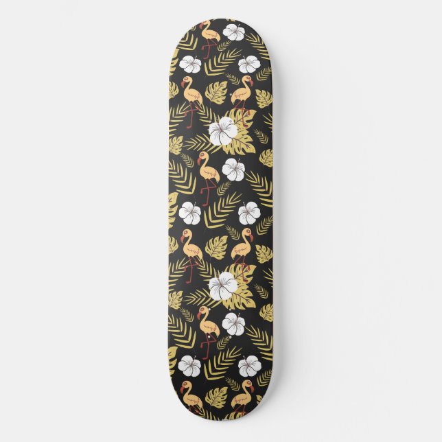 Flamingo seamless pattern yellow and white flowers skateboard (Front)