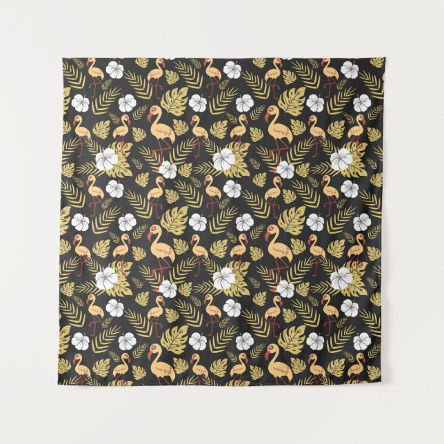 Flamingo seamless pattern yellow and white flowers tapestry (Front)