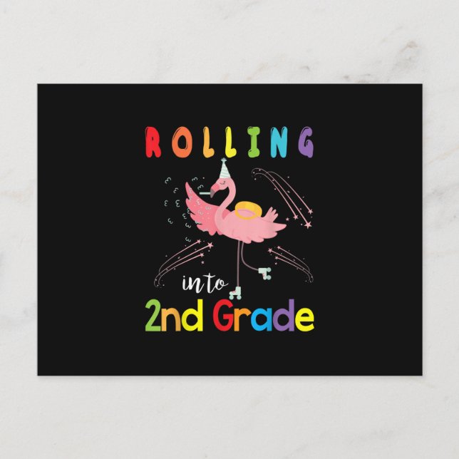Flamingo Skater Student Rolling Into 2nd Grade Invitation Postcard (Front)