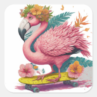 Flamingo Skater - Tropical Skateboard Vibes Square Sticker
