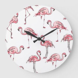 Flamingo Sketch: Tropical Vintage Pattern. Large Clock