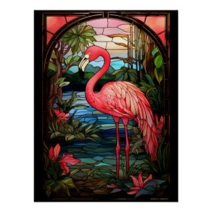 Flamingo Stained Glass Art Tropical Mosaic Design Poster