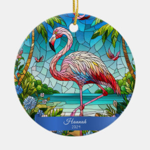 Flamingo Stained Glass Look Personalised Tropical Ceramic Tree Decoration