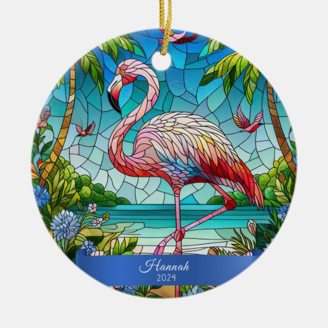 Flamingo Stained Glass Look Personalised Tropical Ceramic Tree Decoration (Front)