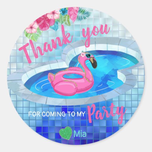 Image of Flamingo sticker Glitter, pool Birthday, Thank you