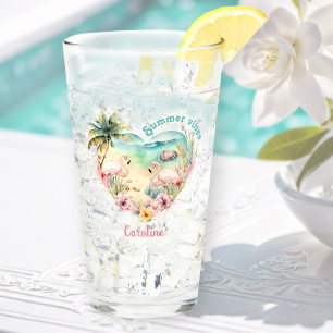 Flamingo Summer Beach Heart Tropical Hawaii Name Glass