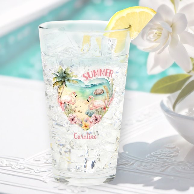 Flamingo Summer Beach Heart Tropical Pink Name Glass (Flamingo Summer Beach Heart Tropical Pink Name Glass)