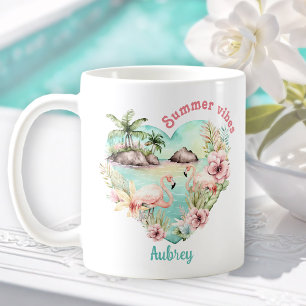 Flamingo, summer heart, tropical name coffee mug