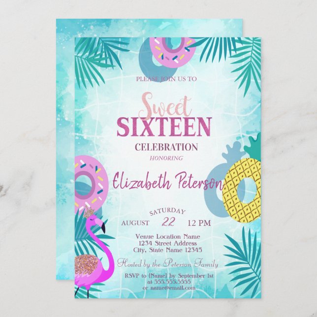 Flamingo Summer Pool  Sweet 16 Party Invitation (Front/Back)